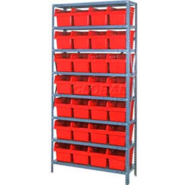 B970476 1875-SB808 Steel Shelving with 8 in. 28 Plastic Shelf Bins - Red - 36 x 18 x 75 in. - SB8 Shelves