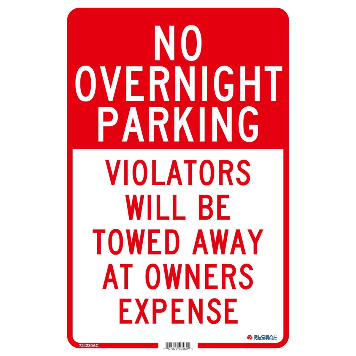 Global Industrial B2332466 No Overnight Parking Violators Will Be Towed 0.080 Aluminum Sign - 18 x 12 in.