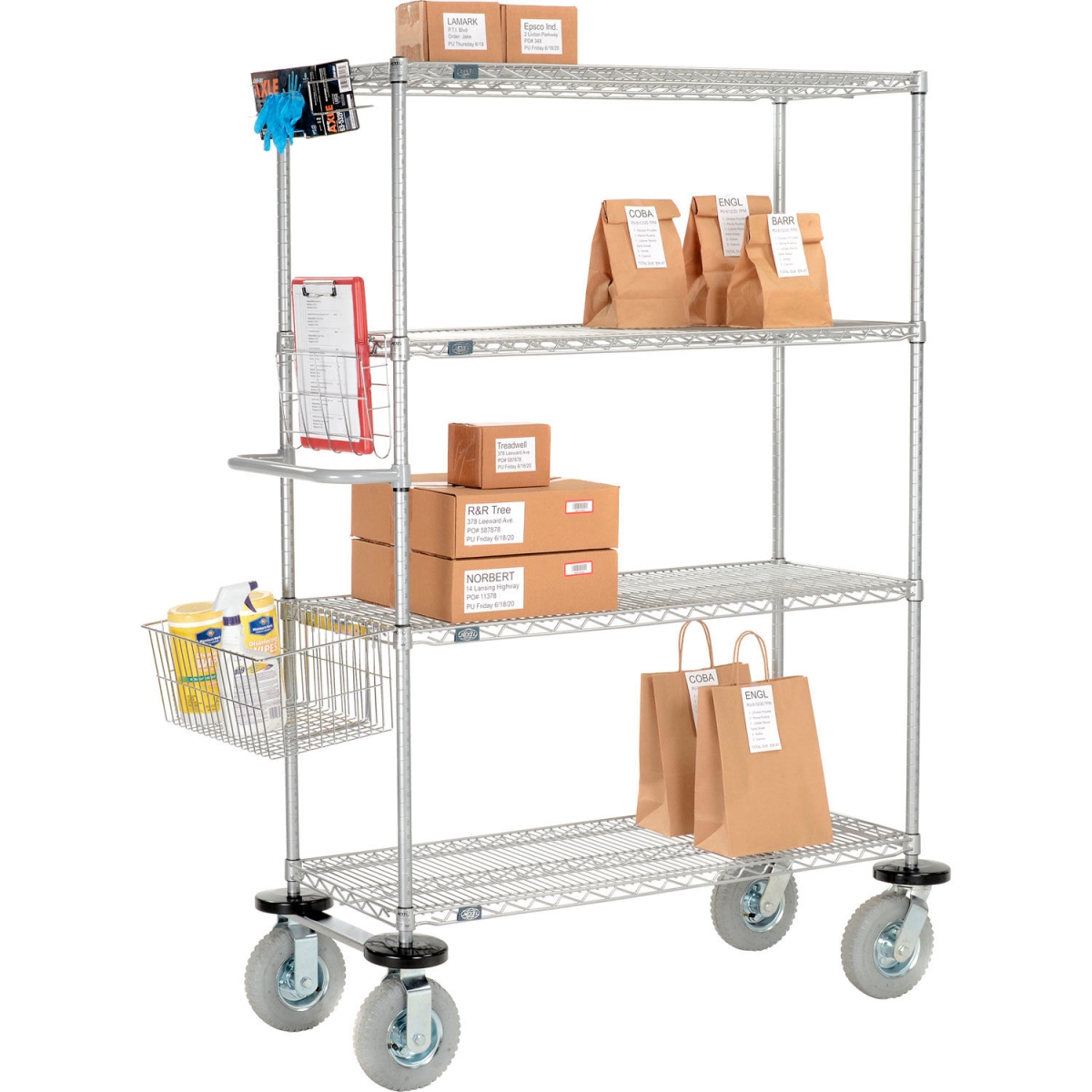 Global Industrial CS21304EPP Nexelate Curbside Wire Truck with 4 Shelves & Pneumatic Casters - 30 x 21 x 72 in. - Silver