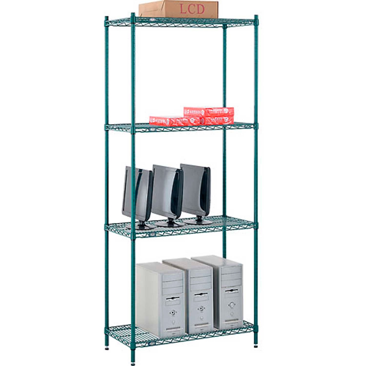 Global Industrial 14368G Nexel 4 Shelf Poly-Green Wire Shelving Unit Starter, Green - 36 x 14 x 86 in.