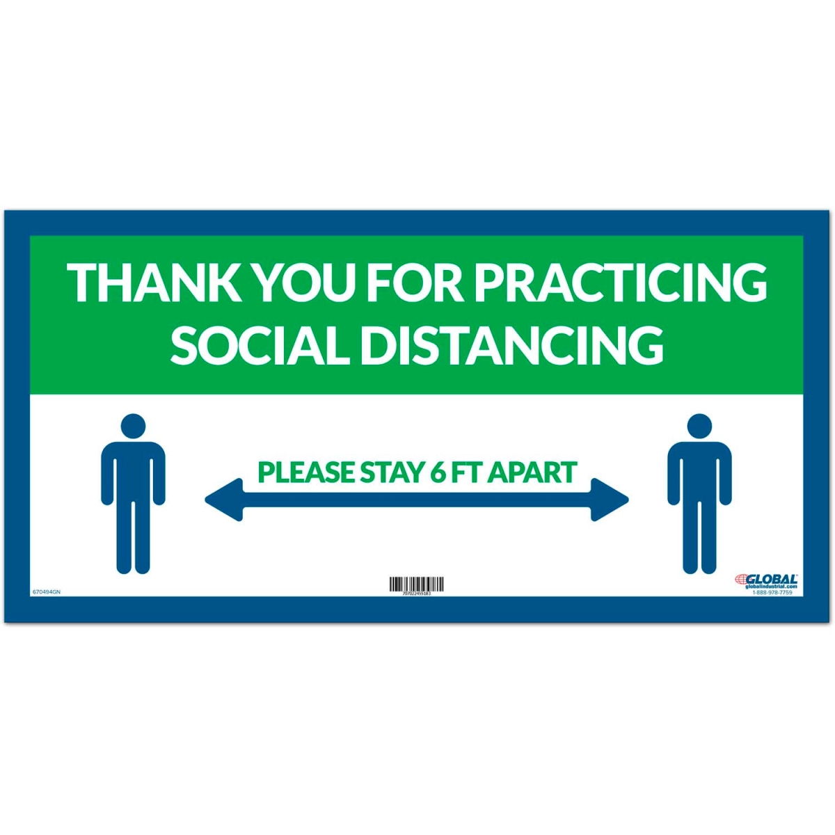 Global Industrial 670494GN Green Thank you for Social Distancing Sign - 24 x 12 in. - Adhesive Vinyl - Multi Color