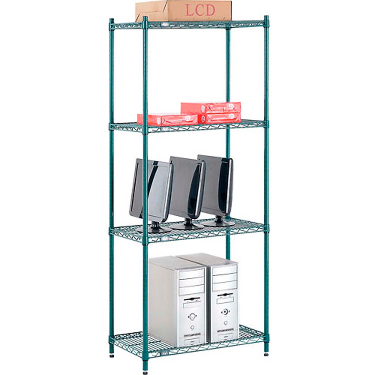 Global Industrial 14307G Nexel 4 Shelf Poly-Green Wire Shelving Unit Starter, Green - 30 x 14 x 74 in.