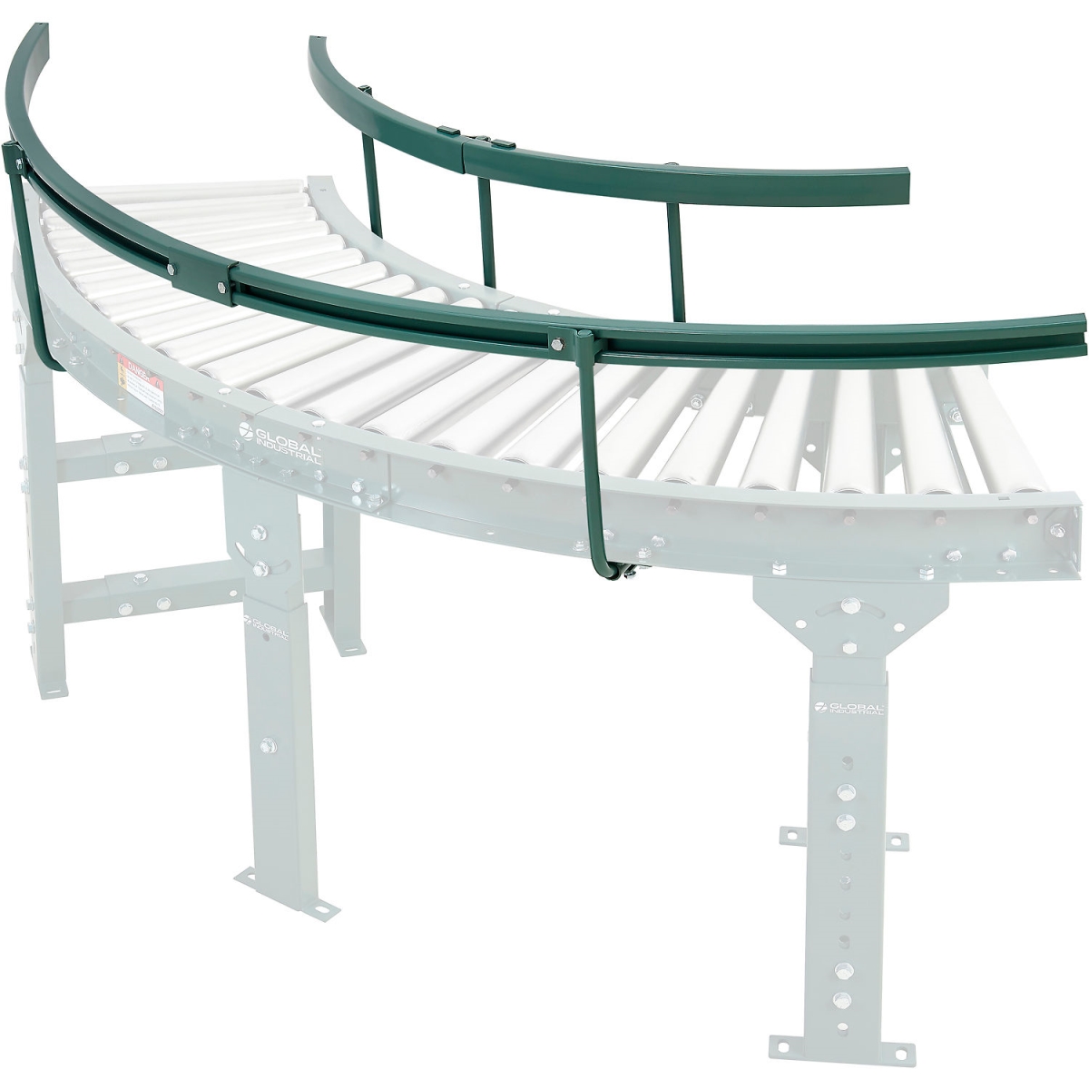 Global Industrial 293274 90 deg High Raised Curved Guide for Roller Conveyors - 24 in. OAW - Green
