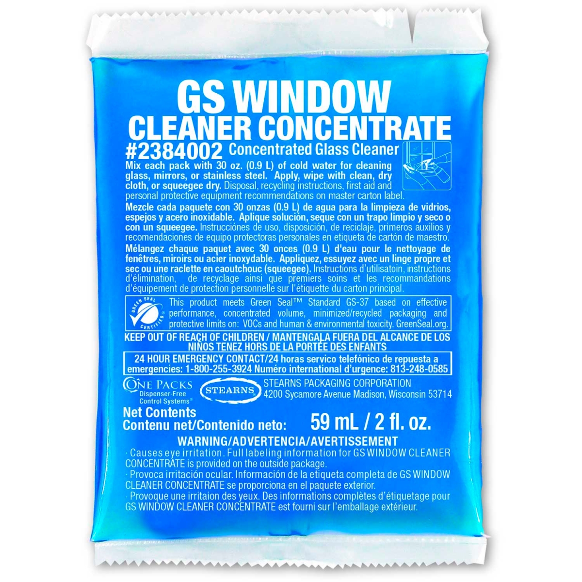 B2310696 2384002 GS Window Cleaner Concentrate - 2 oz - 48 Packs per Case - Blue
