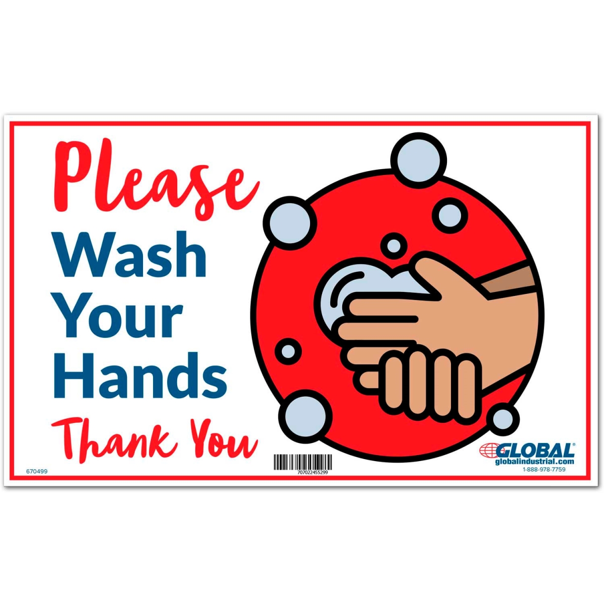 Global Industrial 670499 Please Wash Your Hands Sign - 16 x 10 in. - Wall Adhesive - Multi Color