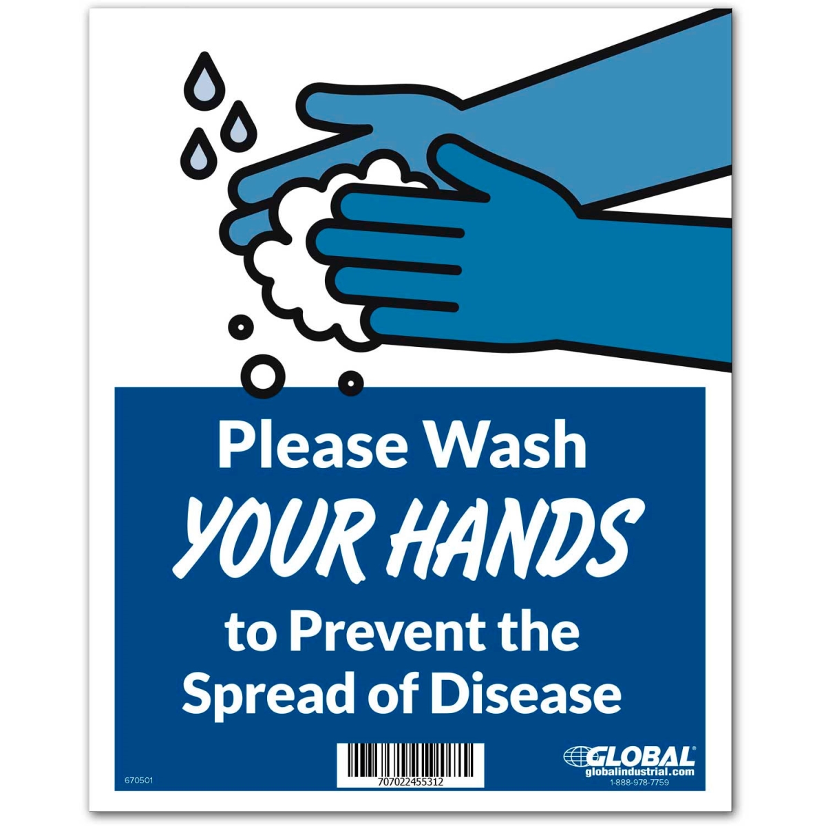 Global Industrial 670501 Wash Hands to Prevent Disease Sign - Blue - 8 x 10 in. - Wall Adhesive