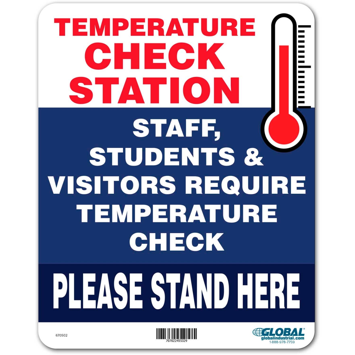 Global Industrial 670502 Temperature Check Station Sign - 8 x 10 in. - Plastic - Multi Color