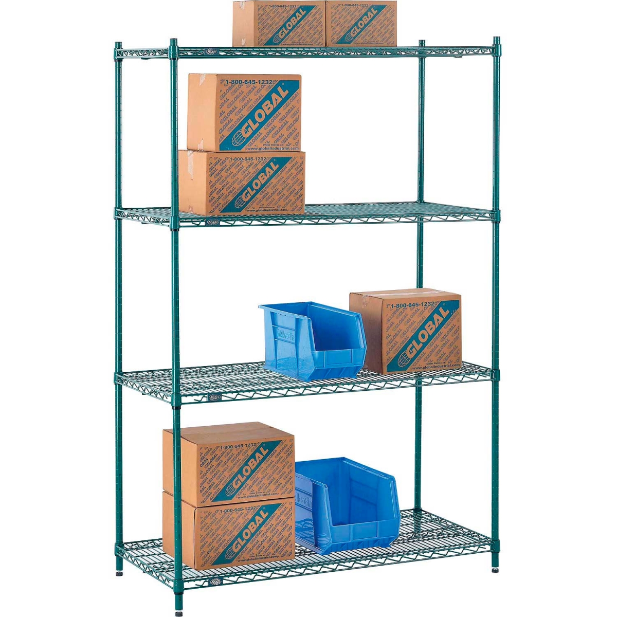 Global Industrial 21487G Nexel 4 Shelf Poly-Green Wire Shelving Unit Starter, Green - 48 x 21 x 74 in.