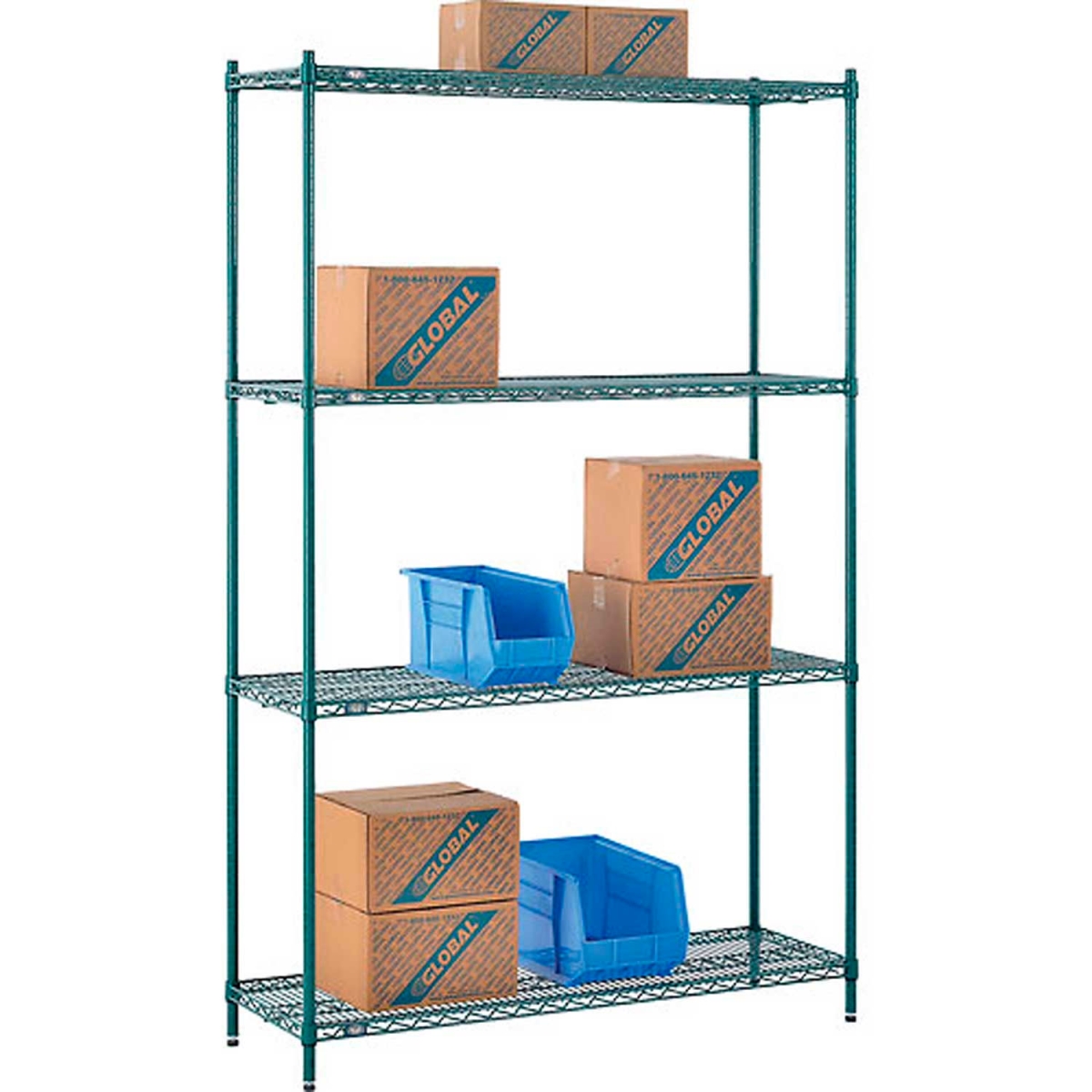 Global Industrial 14548G Nexel 4 Shelf Poly-Green Wire Shelving Unit Starter, Green - 54 x 14 x 86 in.