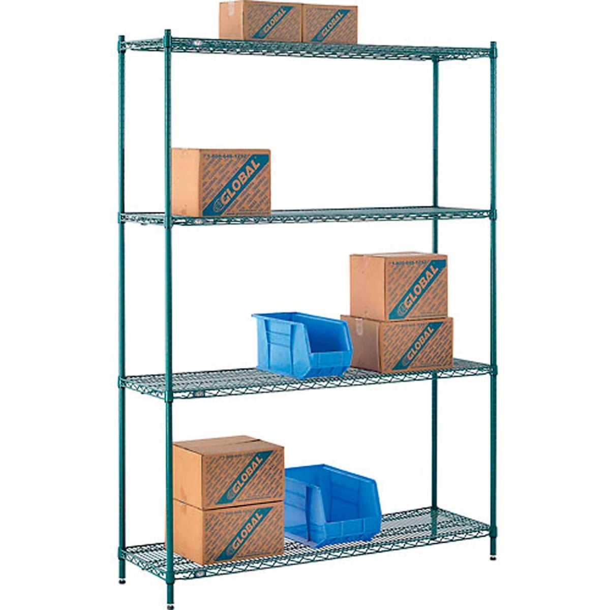 Global Industrial 14608G Nexel 4 Shelf Poly-Green Wire Shelving Unit Starter, Green - 60 x 14 x 86 in.