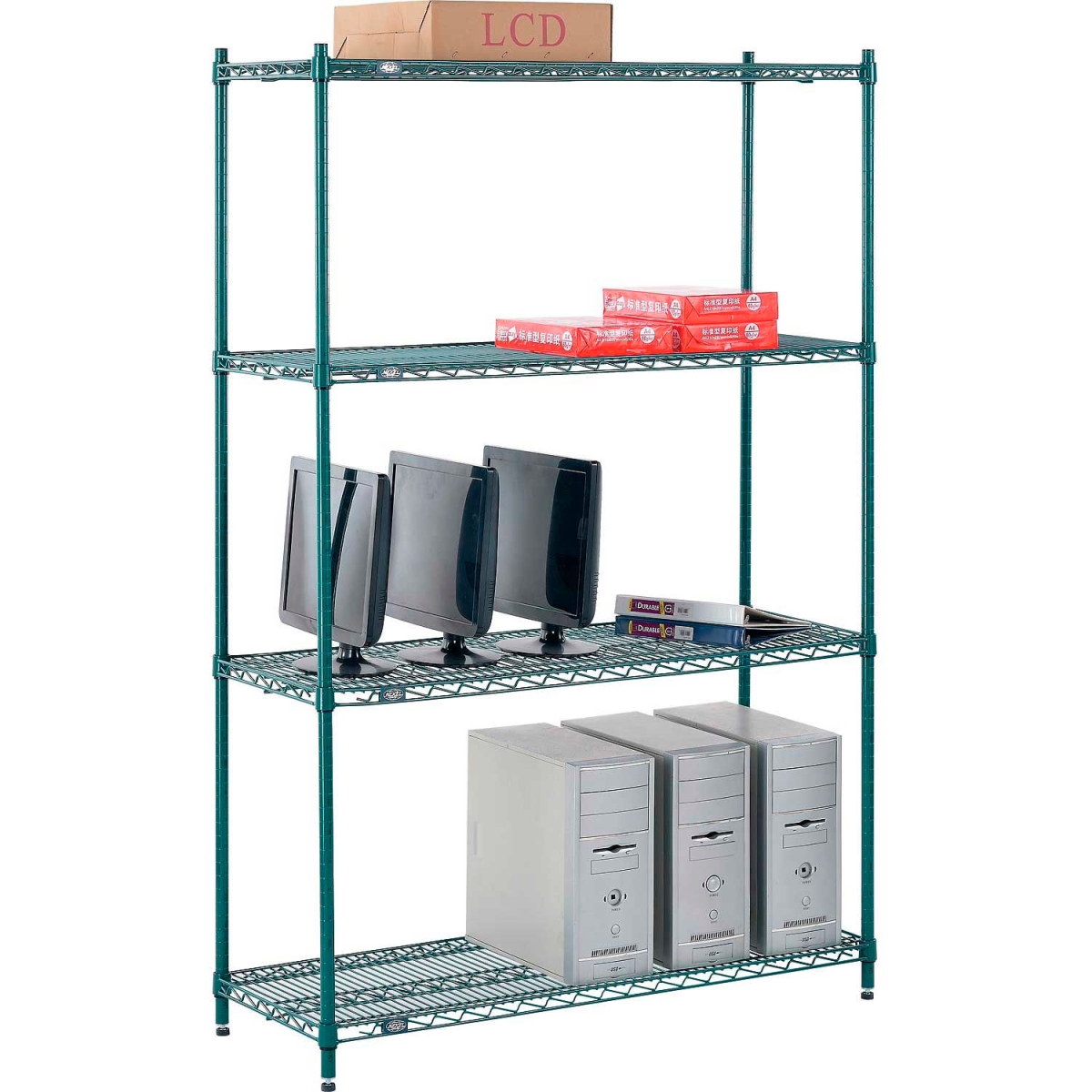 Global Industrial 14487G Nexel 4 Shelf Poly-Green Wire Shelving Unit Starter, Green - 48 x 14 x 74 in.