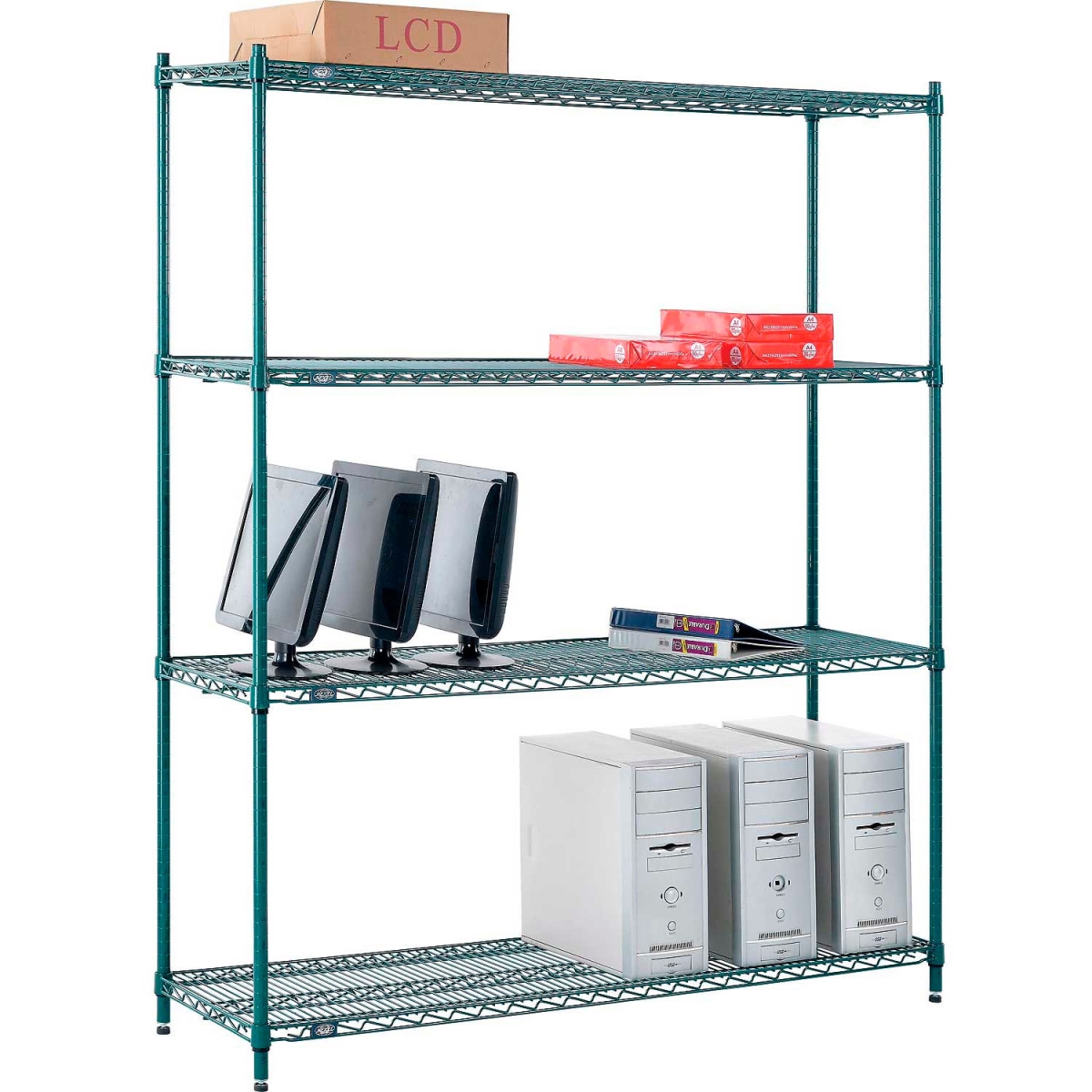 Global Industrial 14607G Nexel 4 Shelf Poly-Green Wire Shelving Unit Starter, Green - 60 x 14 x 74 in.
