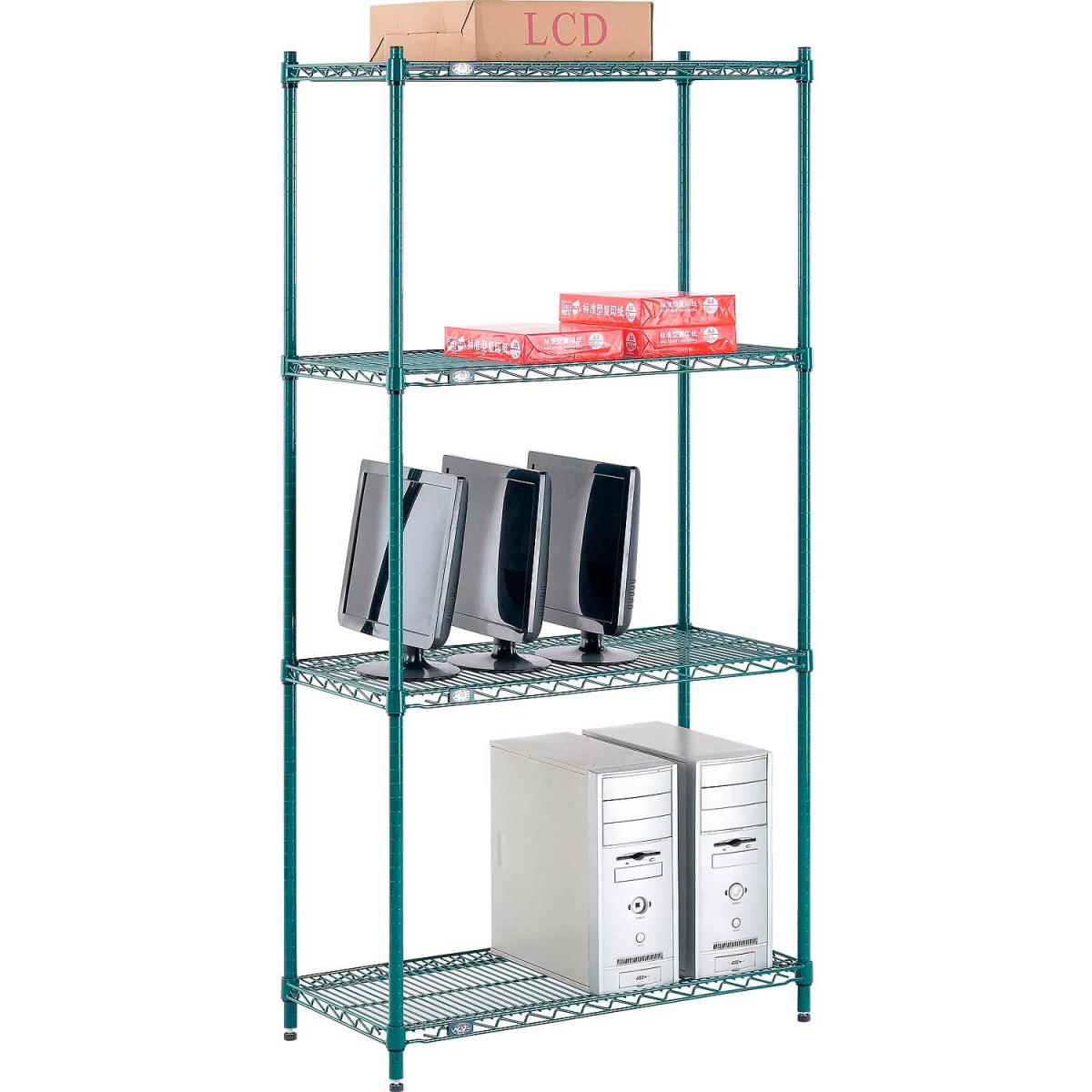 Global Industrial 14367G Nexel 4 Shelf Poly-Green Wire Shelving Unit Starter, Green - 36 x 14 x 74 in.