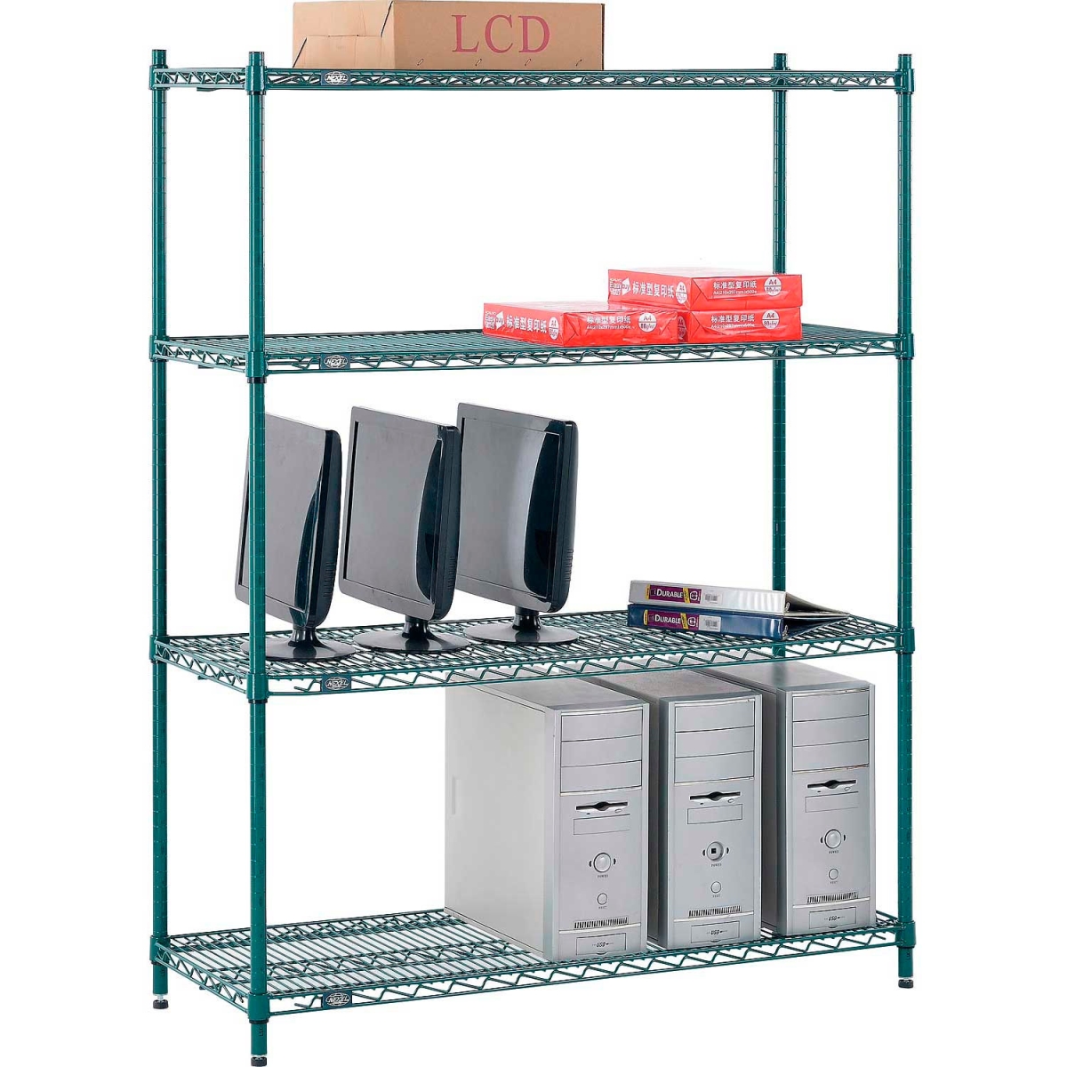 Global Industrial 14486G Nexel 4 Shelf Poly-Green Wire Shelving Unit Starter, Green - 48 x 14 x 63 in.