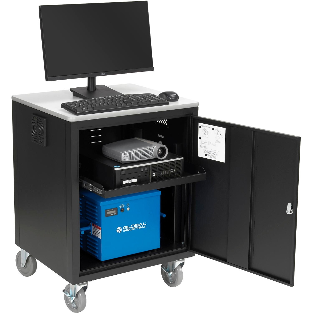 Picture of Global Industrial 241659PBK40 Mobile Powered Audio Visual Cart with Lockable Cabinet - 480WH Battery - Black