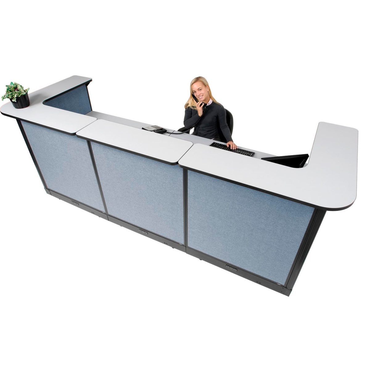 Picture of Global Industrial 3667818 Interion U-Shaped Electric Reception Station Counter Blue Panel - 124 x 44 x 46 in. - Gray
