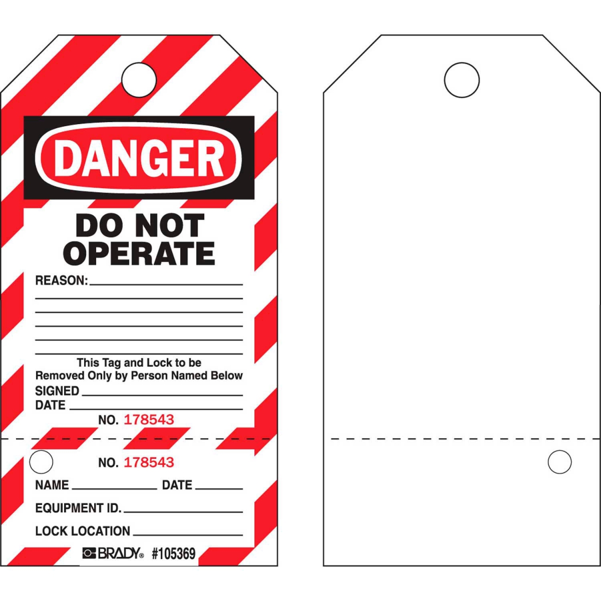 B2249467 WKT3 Danger Do Not Operate Locked Out Tag - Two-Part Tags with Stubs - Cardstock - Multi Color - Pack of 25