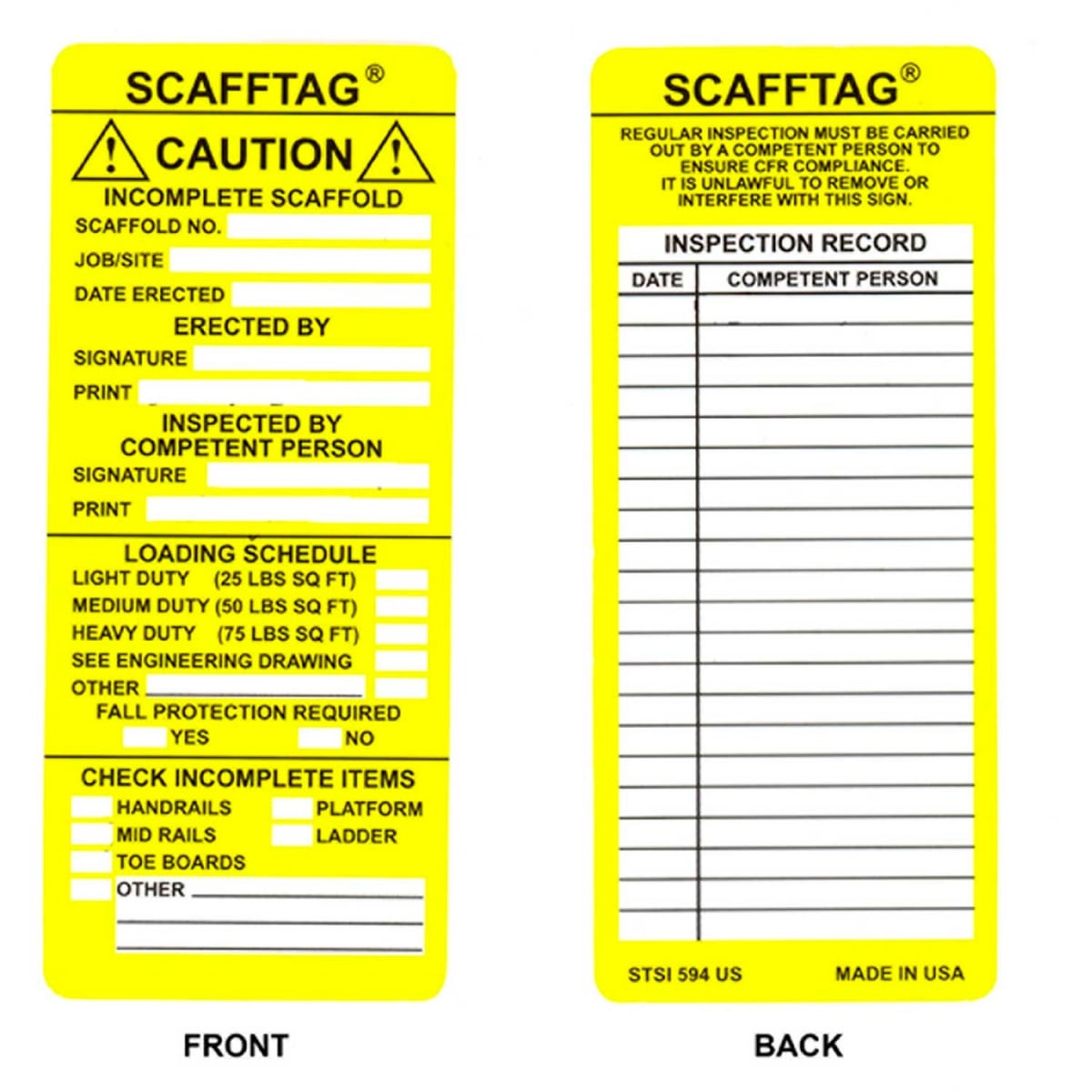 B2262202 SCAF-STSI594 Scaff Tag Caution Tag Insert - 3.125 x 7.625 in. - Yellow & White - 100 Per Pack
