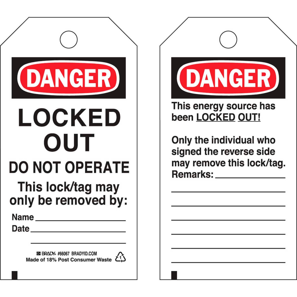 B2249566 66067 Lockout Tag - Danger Do Not Operate - 2 Sided - Polyester - Multi Color - Pack of 25