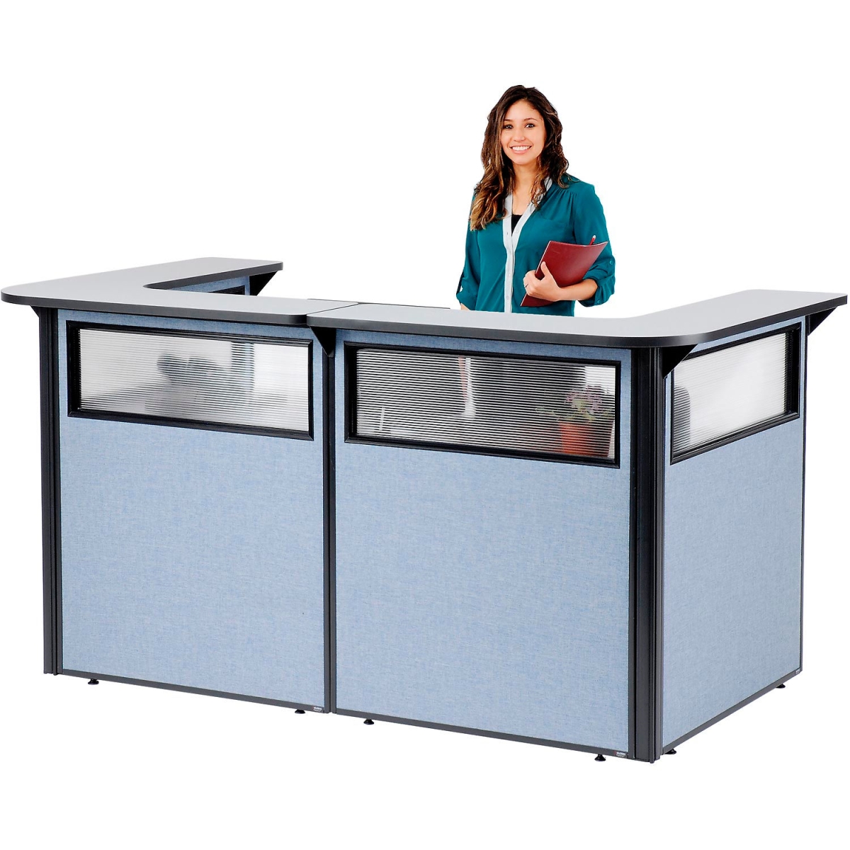 Picture of Global Industrial 3666518 Interion U-Shaped Reception Station with Window Counter Blue Panel - 88 x 44 x 44 in. - Gray