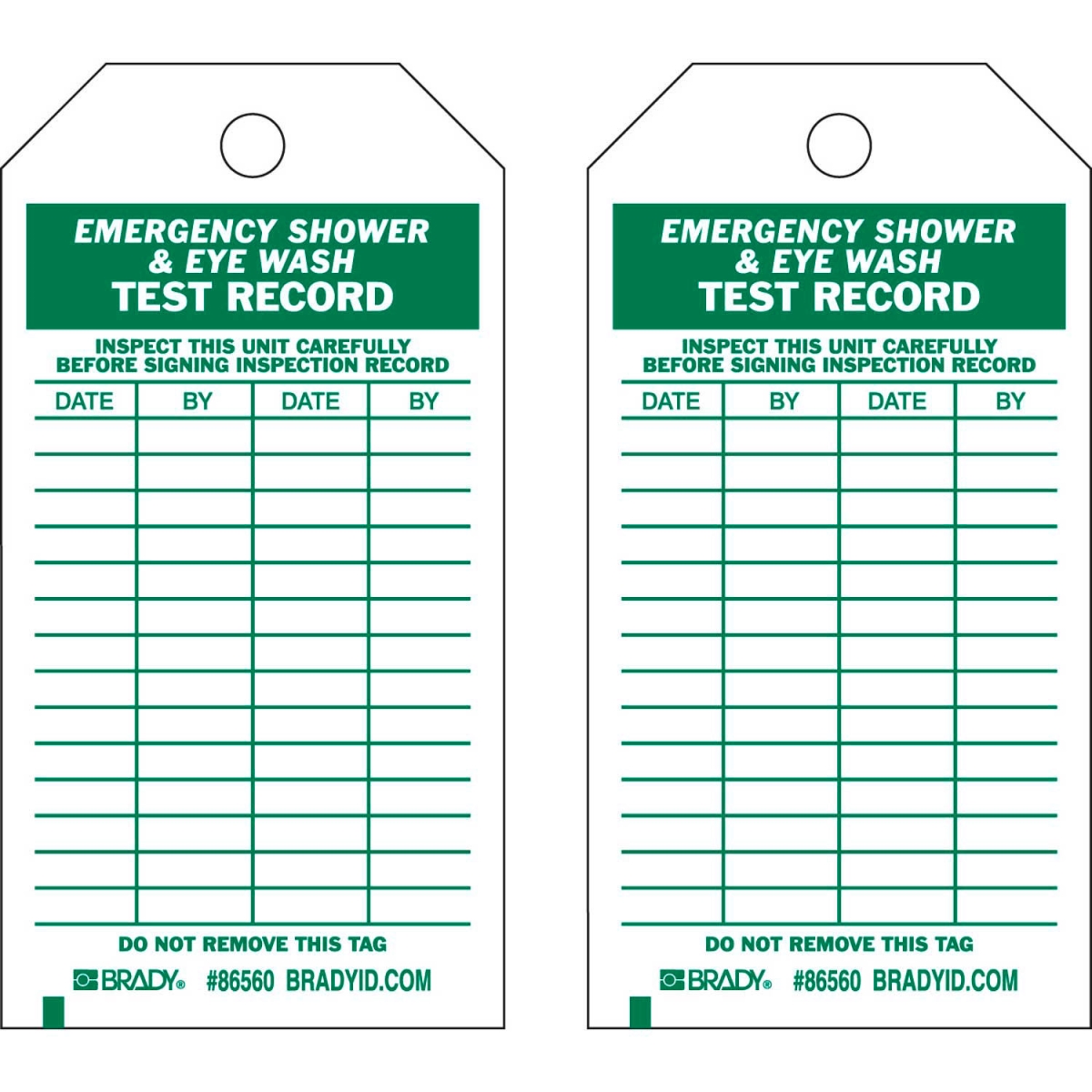 B2249820 3 x 5.75 in. 86560 Emergency Shower & Eye Wash Test Record Tag - Polyester - Green - Pack of 10