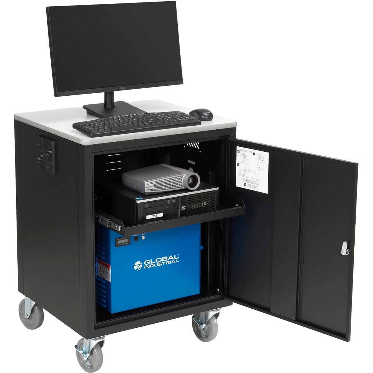 Picture of Global Industrial 241659PBK Mobile Powered Audio Visual Cart with Lockable Cabinet - 100AH Battery - Black