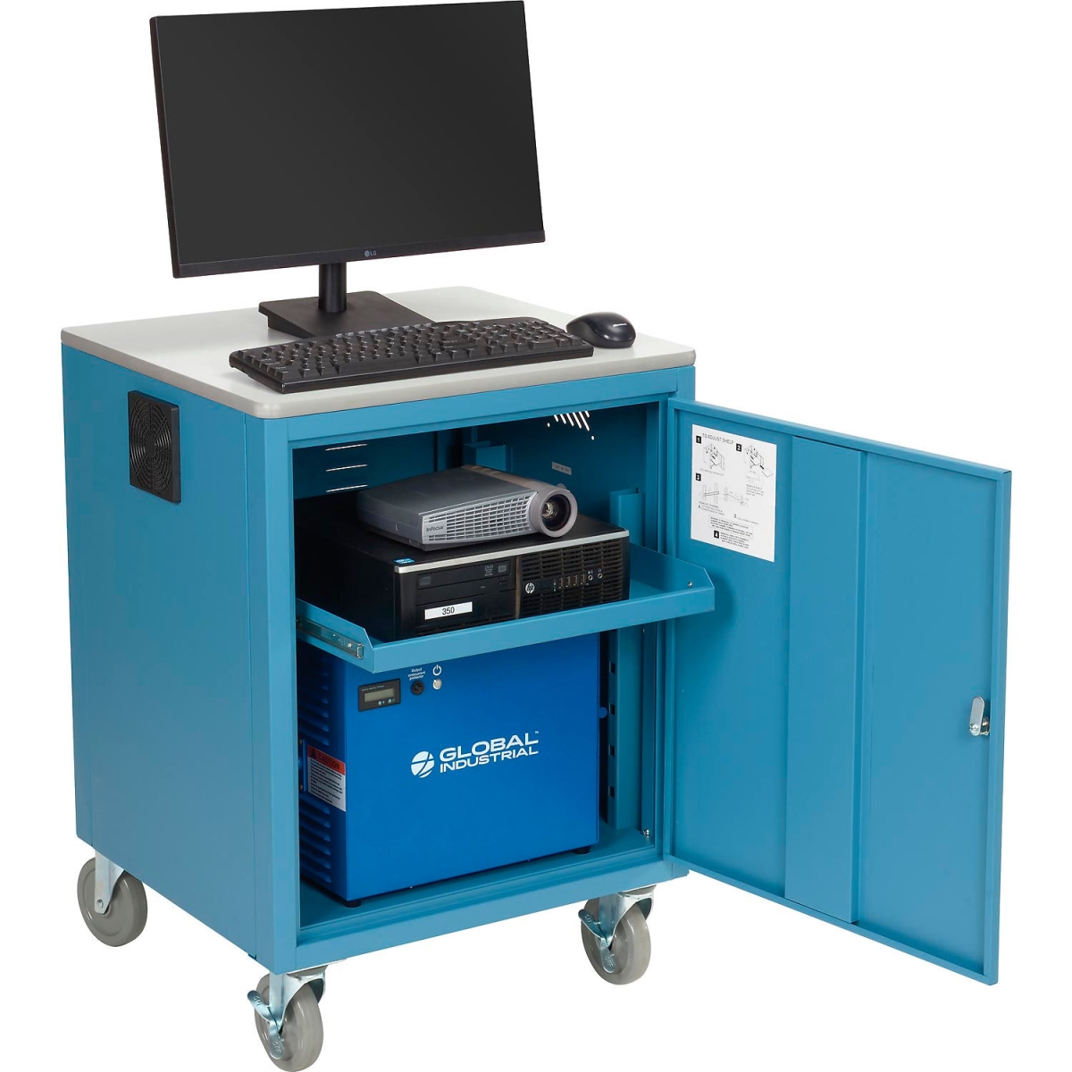 Picture of Global Industrial 241659PBL Mobile Powered Audio Visual Cart with Lockable Cabinet - 100AH Battery - Blue