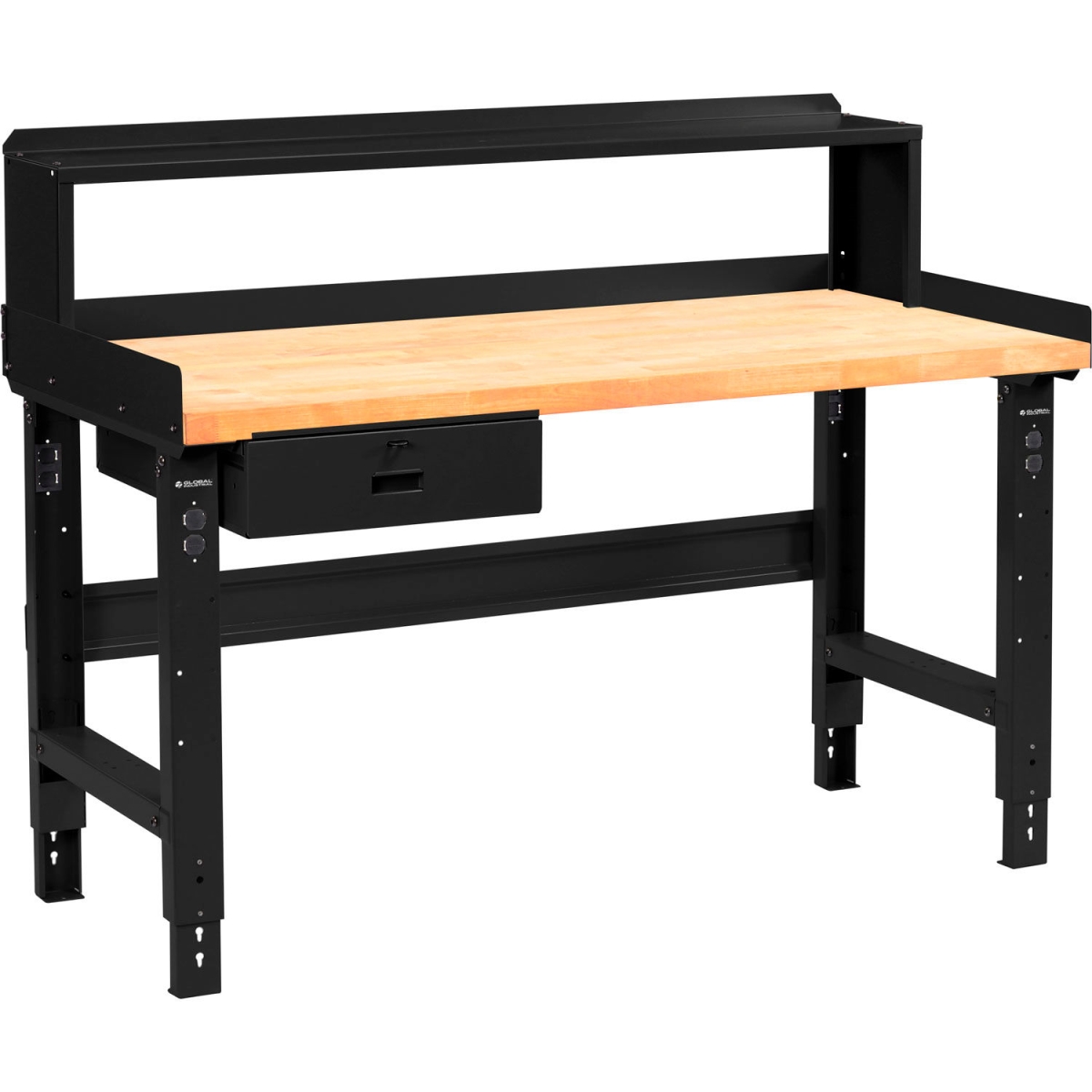 Global Industrial 318917BBK 72 x 36 in. Adjustable Height Workbench with Drawer & Riser, Birch Square Edge Top - Black