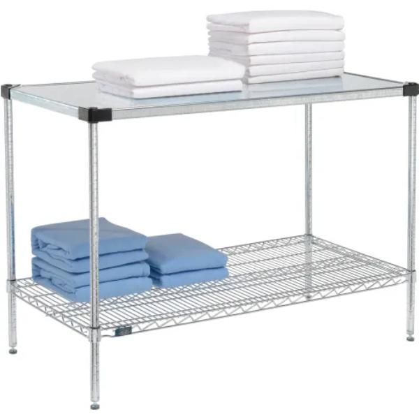 Global Industrial 24483CSZ2 Nexel 2 Shelf Chrome Wire Shelving Unit Starter - 1 Solid Shelf, Chrome - 48 x 24 x 34 in.