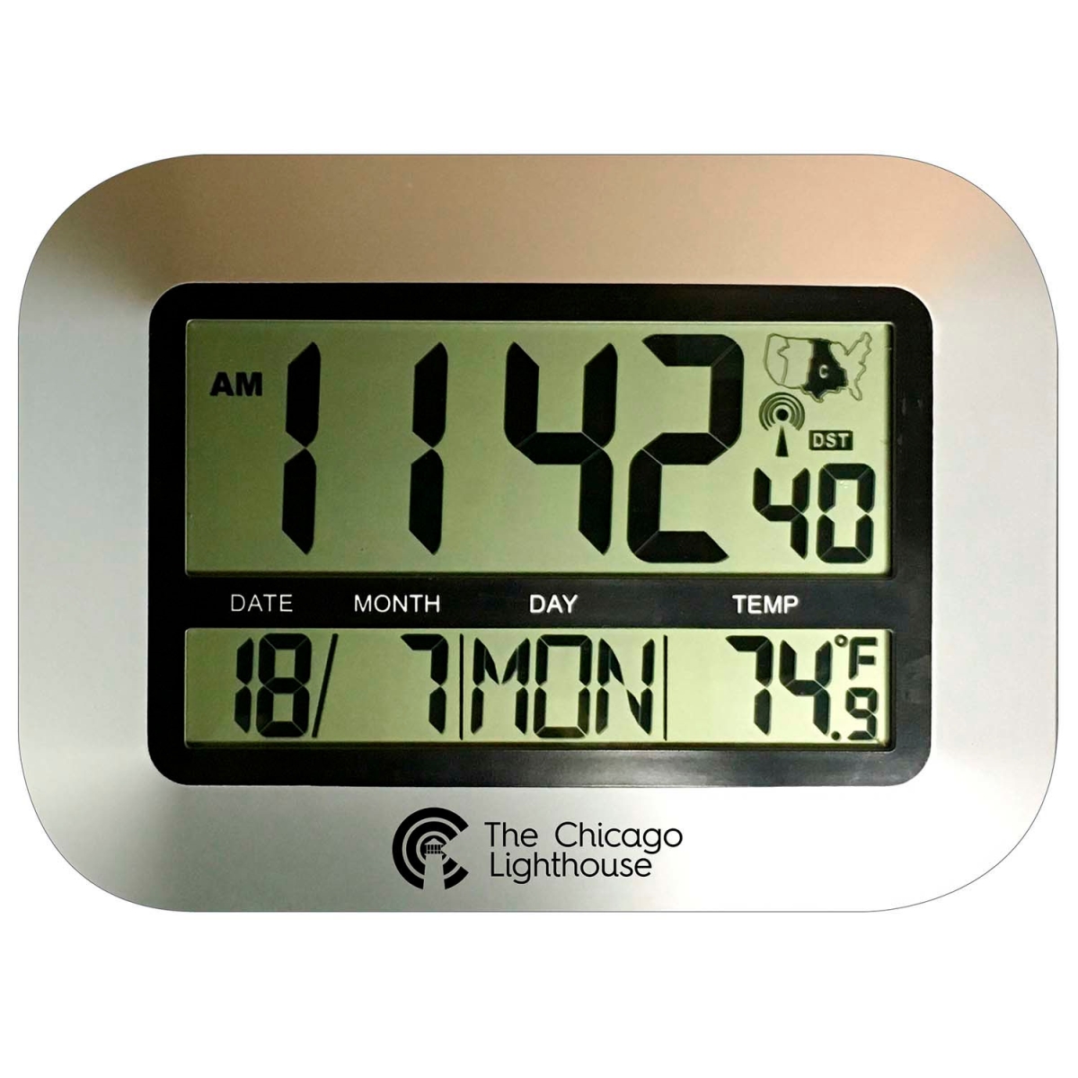 Chicago Lighthouse 9.75" Digital Atomic Clock with Calendar and Indoor Temperature Display - Silver