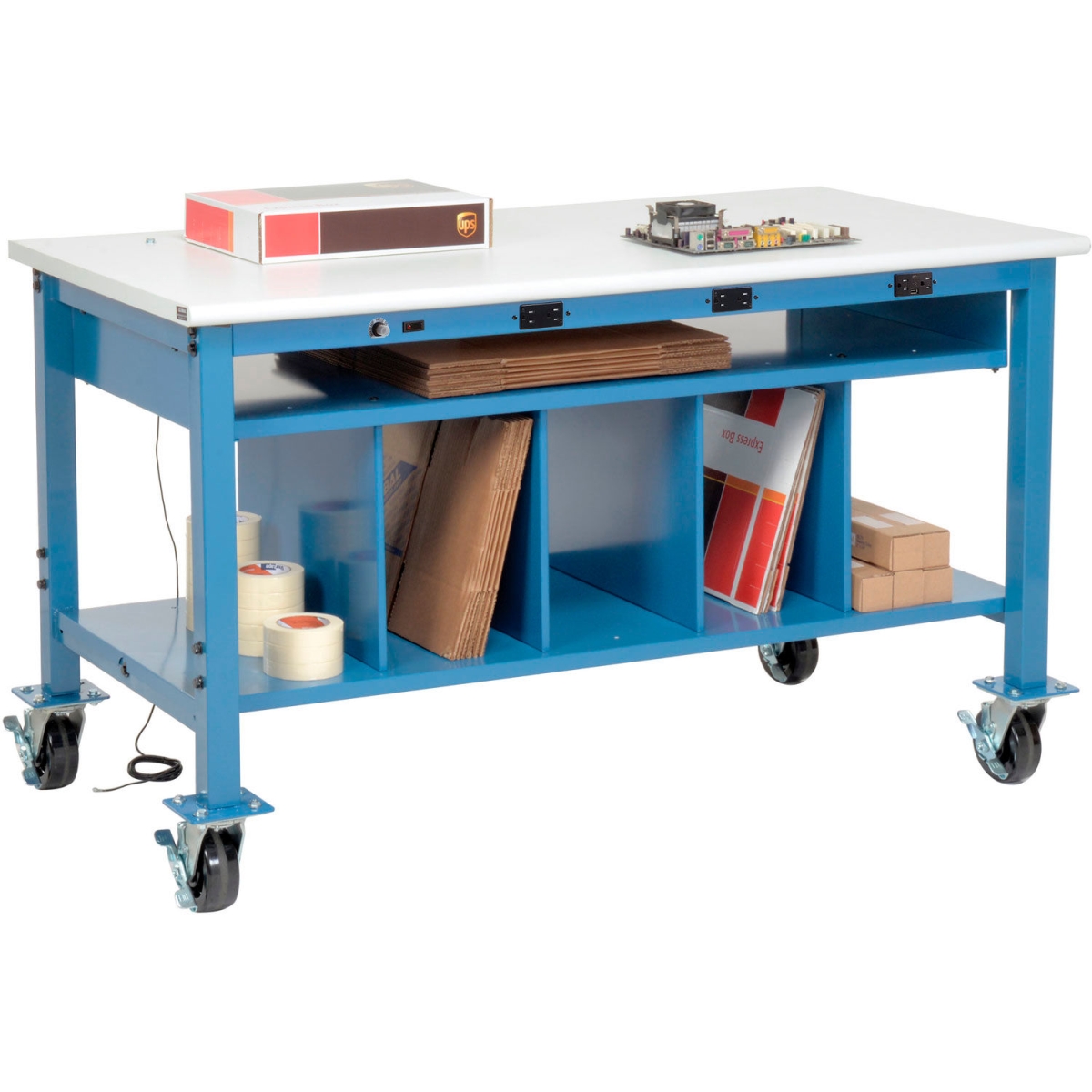 Global Industrial 412475AB Mobile Packing Workbench with Lower Shelf & Power - ESD Safety Edge - 72 x 36 in. - Blue