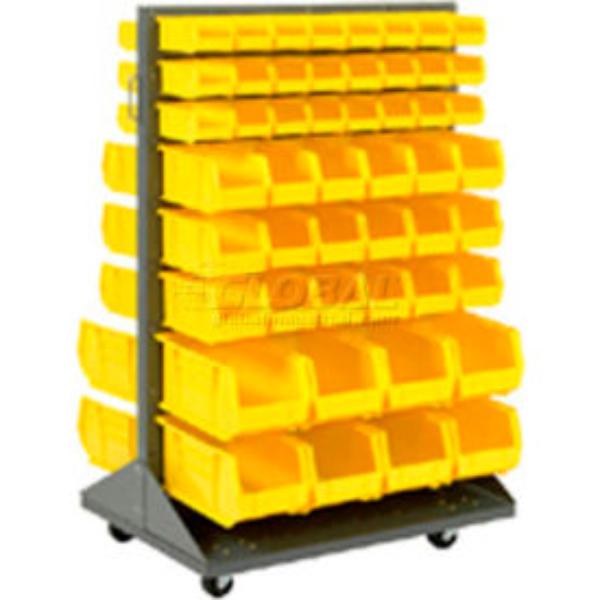 Global Industrial 603392YL Mobile Double Sided Floor Rack - 100 Yellow Stacking Bins - Gray - 36 x 55 in.