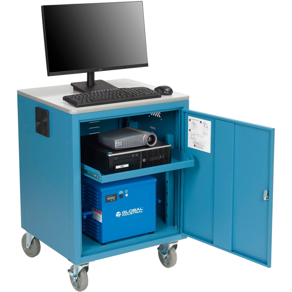 Picture of Global Industrial 241659PBL40 Mobile Powered Audio Visual Cart with Lockable Cabinet - 480WH Battery - Blue