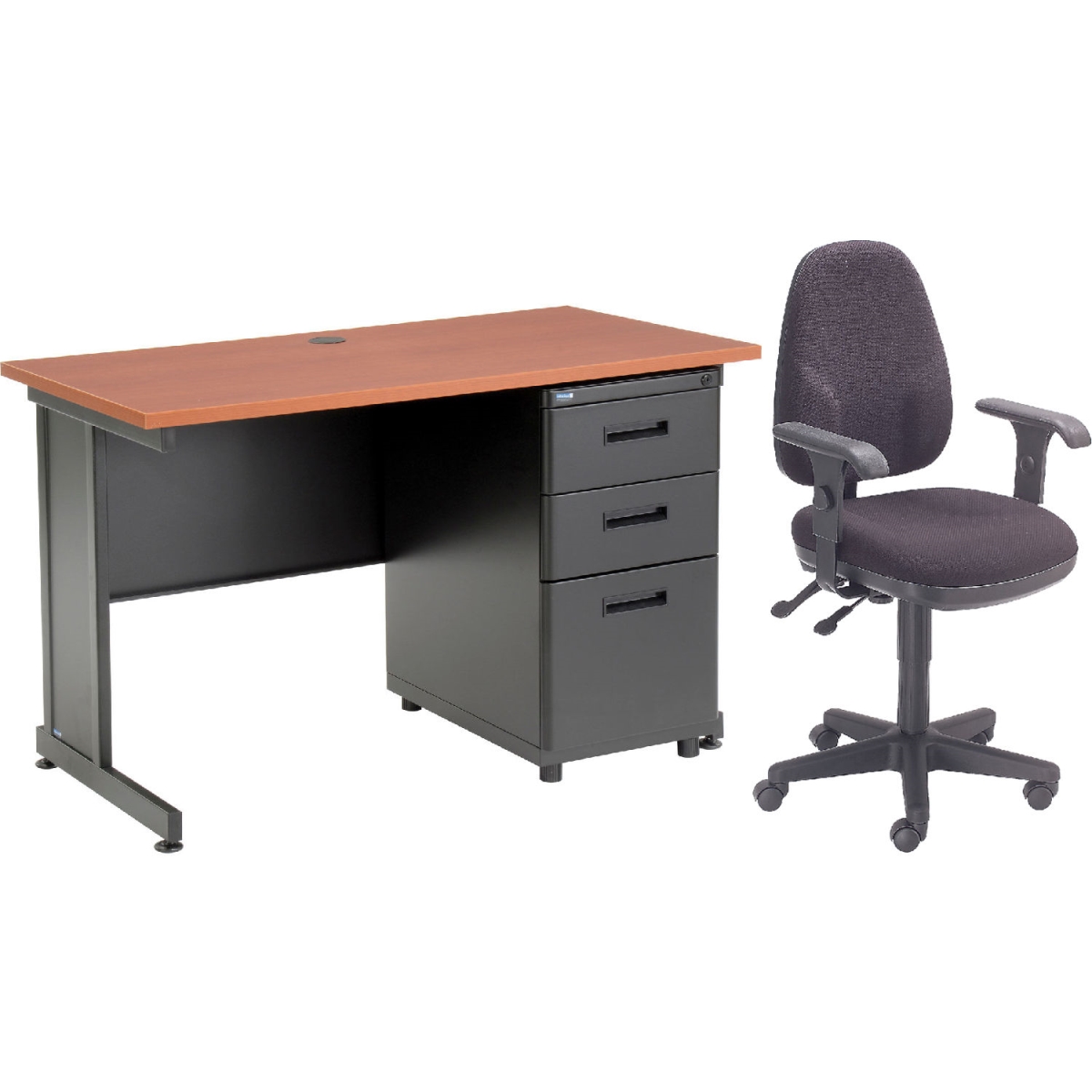 Picture of Global Industrial 670078CH-B1 Interion Office Desk & Fabric Chair Bundle with 3 Drawer Pedestal - 48 x 24 in. - Cherry