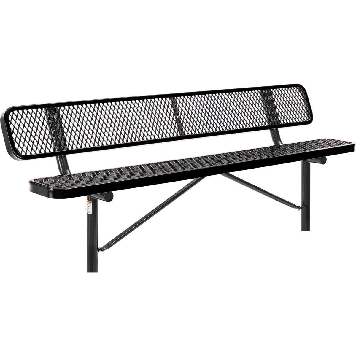 Global Industrial 277155IBK 8 ft. Outdoor Steel Bench with Backrest - Expanded Metal - In Ground Mount - Black