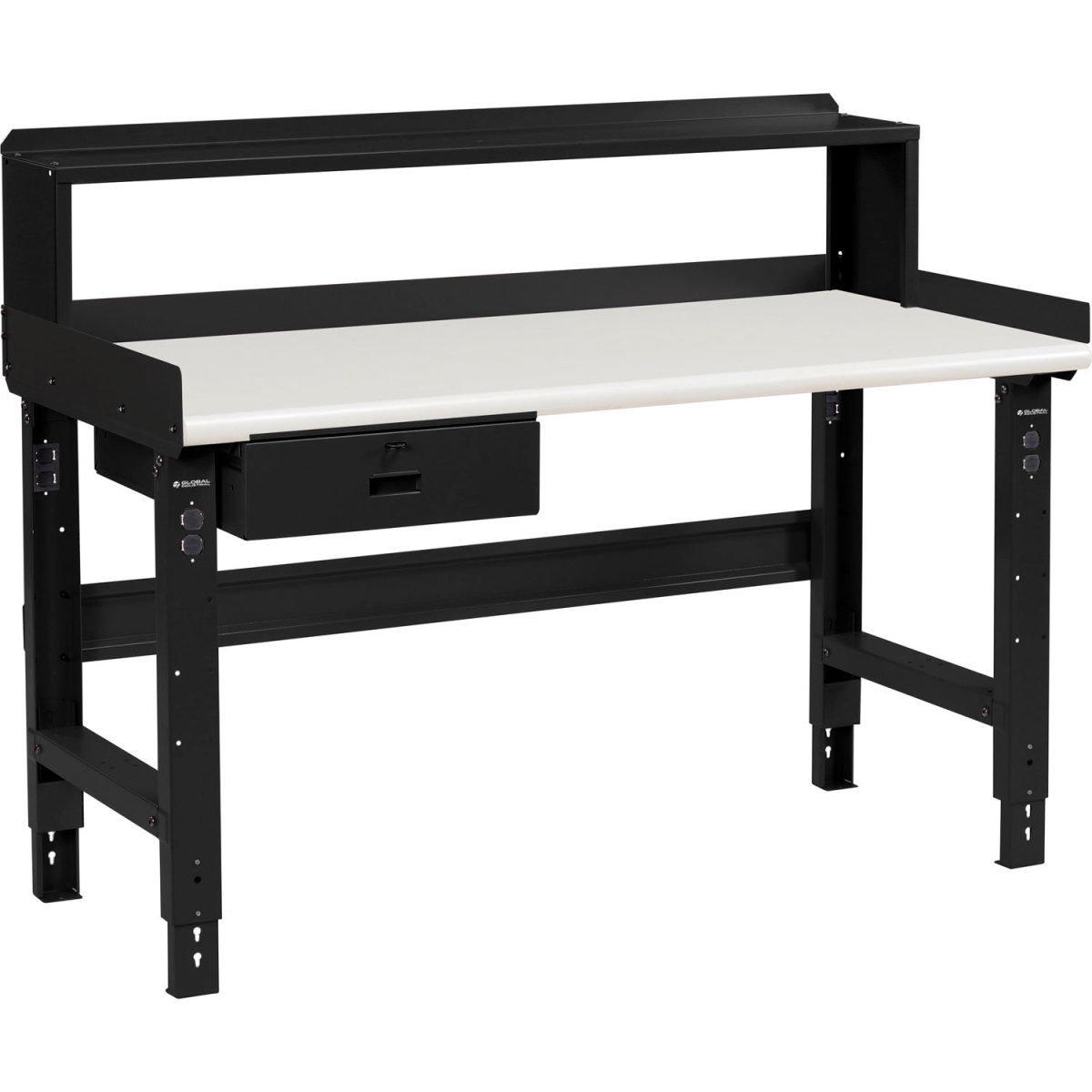 Global Industrial 601423BBK 60 x 36 in. Adjustable Height Workbench with Drawer & Riser, Plastic Laminate Square Top - Black
