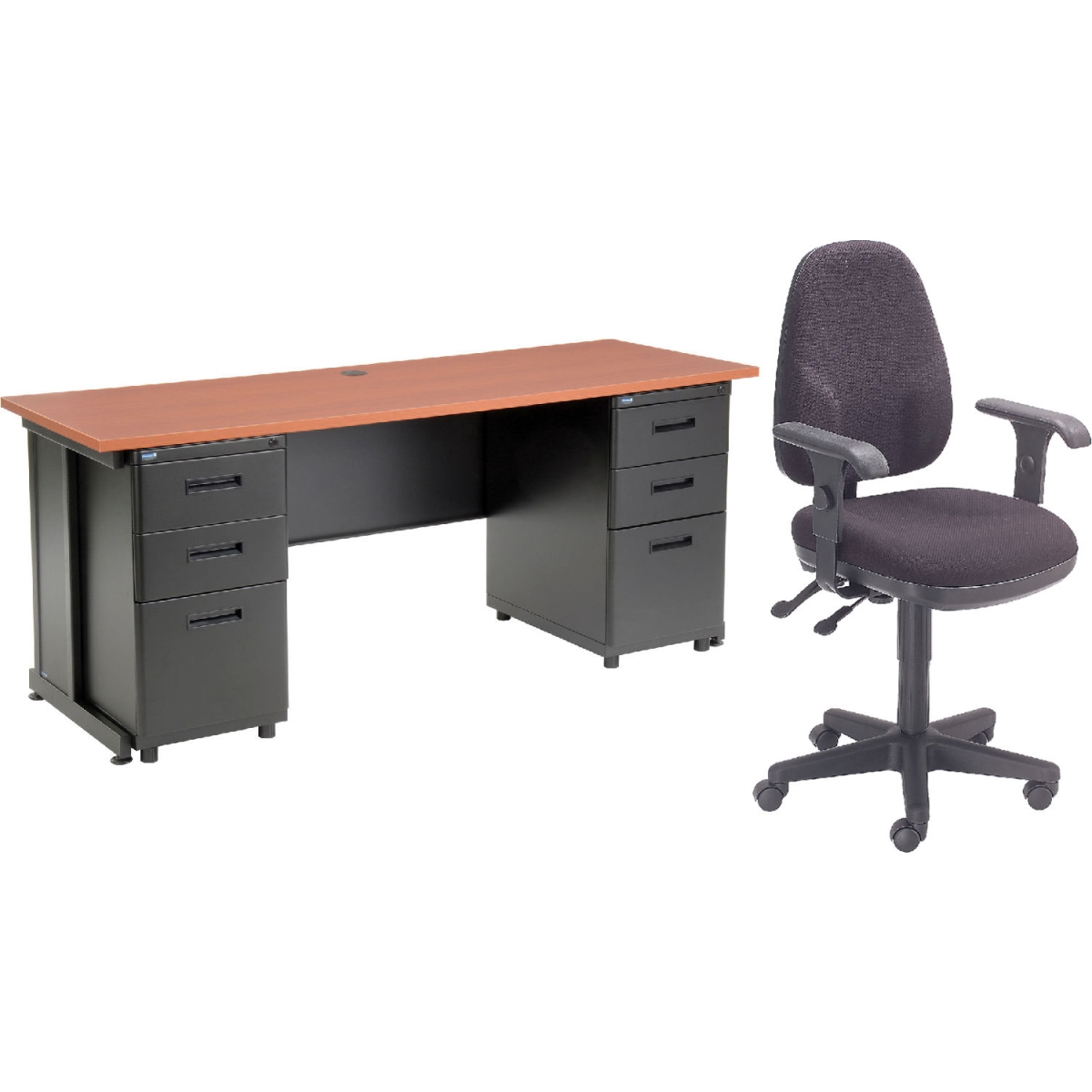 Picture of Global Industrial 670076CH-B1 Interion Office Desk & Fabric Chair Bundle with 3 Drawer Pedestals - 72 x 24 in. - Cherry