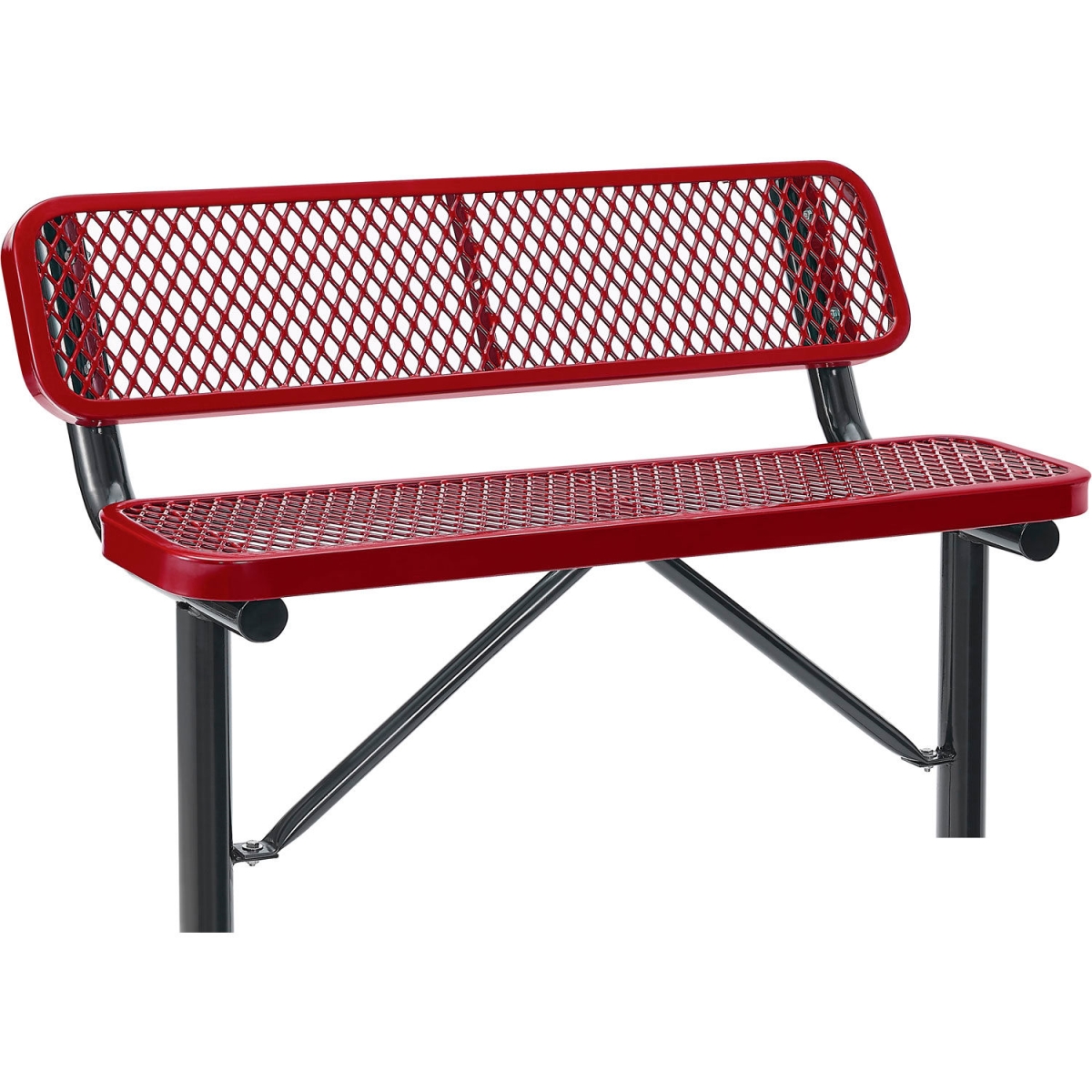 Global Industrial 695743IRD 4 ft. Outdoor Steel Bench with Backrest - Expanded Metal - In Ground Mount - Red