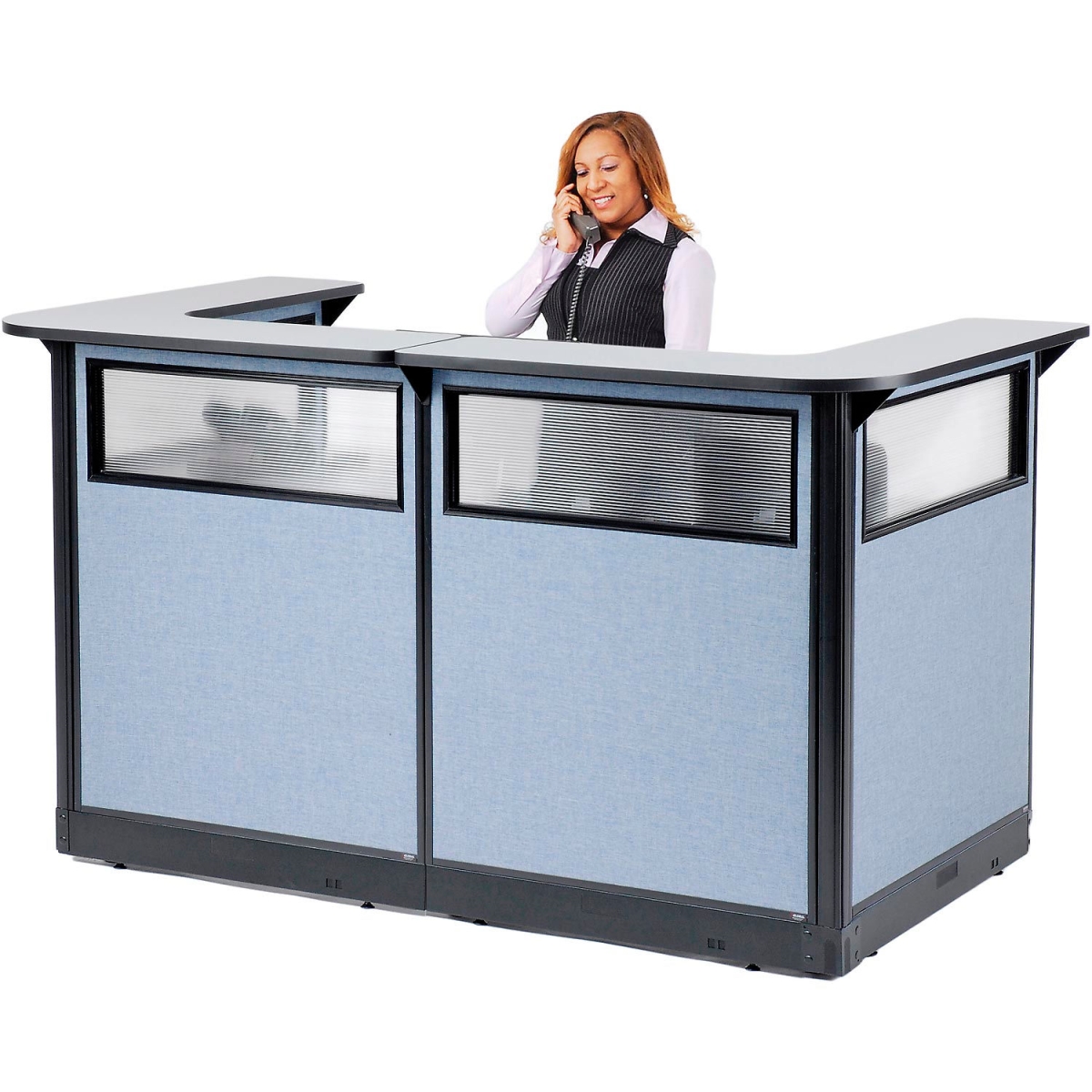 Picture of Global Industrial 3666918 Interion U-Shaped Reception Station with Window & Raceway - Counter & Blue Panel - 88 x 44 x 46 in. - Gray