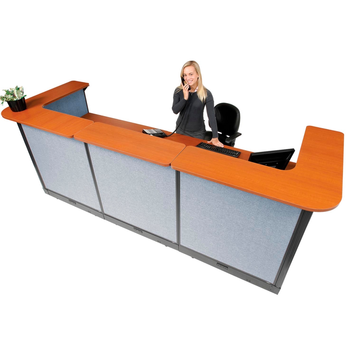 Picture of Global Industrial 3667627 Interion U-Shaped Electric Reception Station Counter Blue Panel - 124 x 44 x 46 in. - Cherry