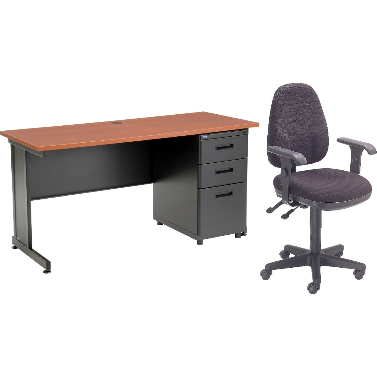 Picture of Global Industrial 670073CH-B1 Interion Office Desk & Fabric Chair Bundle with 3 Drawer Pedestal - 60 x 24 in. - Cherry