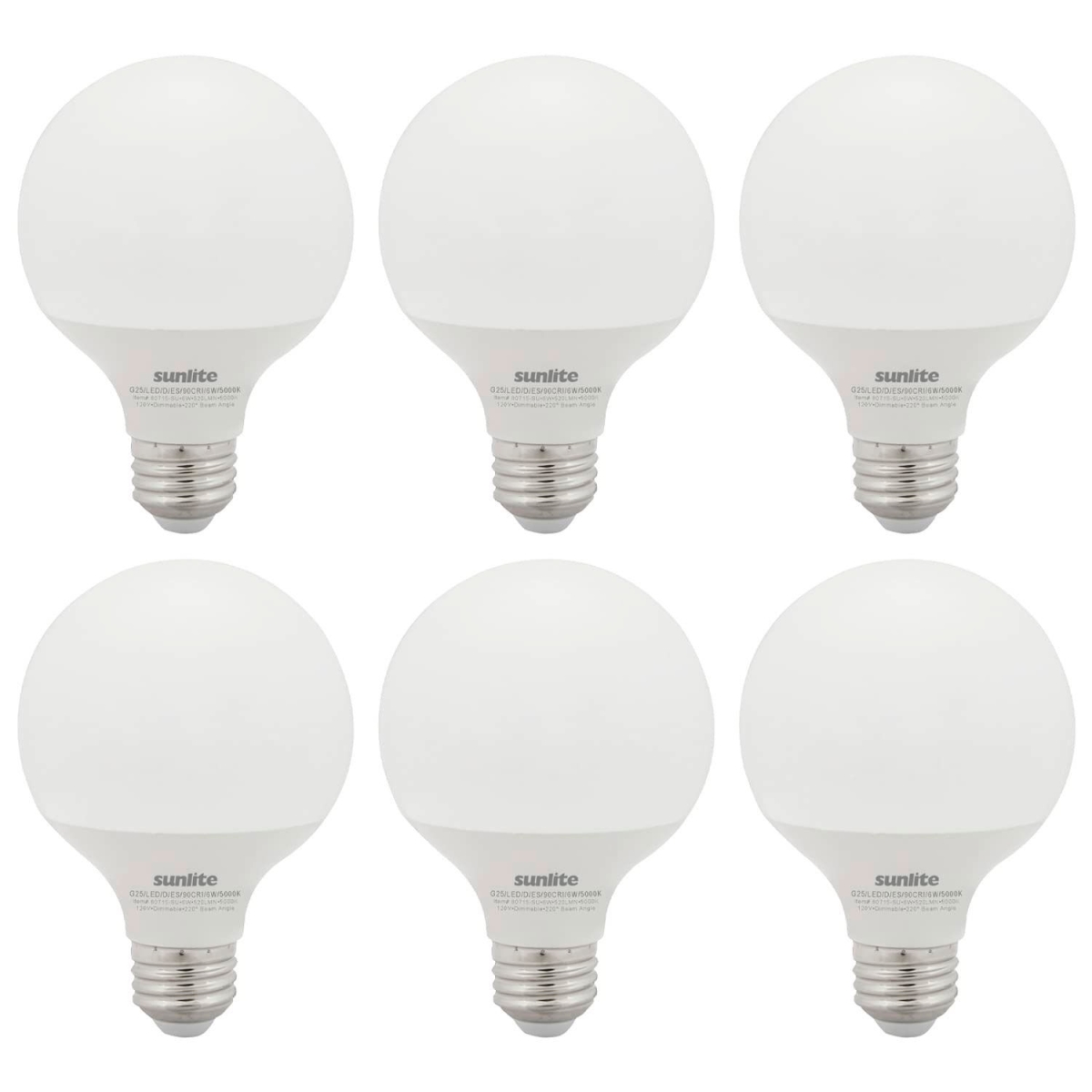 B3166920 Sunlite LED G25 Frosted Globe Light Bulb - E26 Base - 6W - 520 Lumens - 5000K - Daylight - Pack of 6