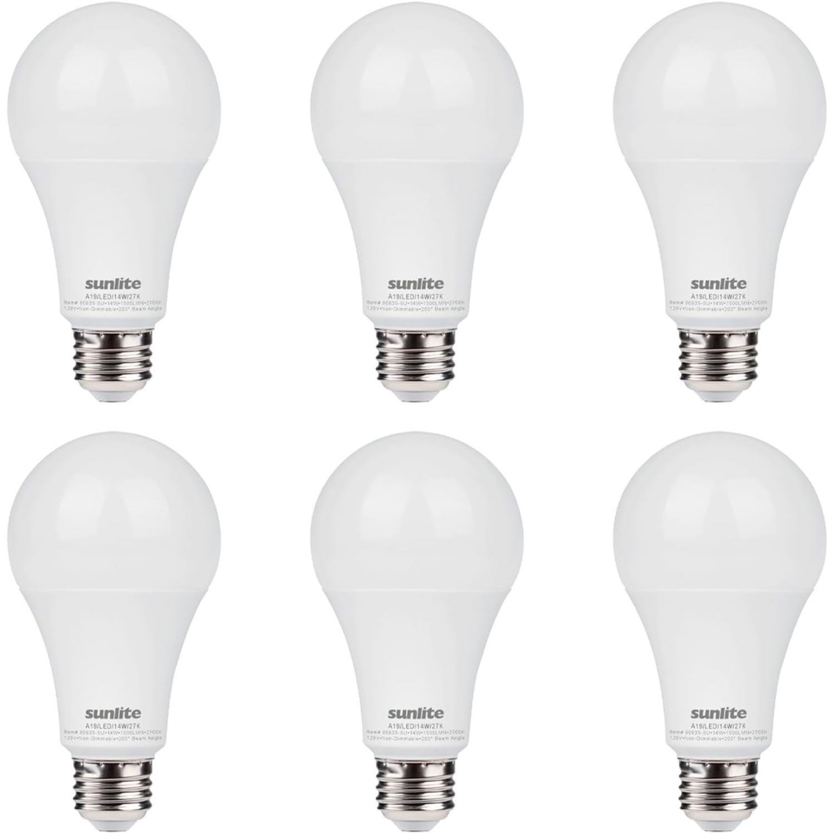 B3166884 Sunlite LED A19 Light Bulb - E26 Base - 14W - 1500 Lumens - 2700K - Soft White - Pack of 6
