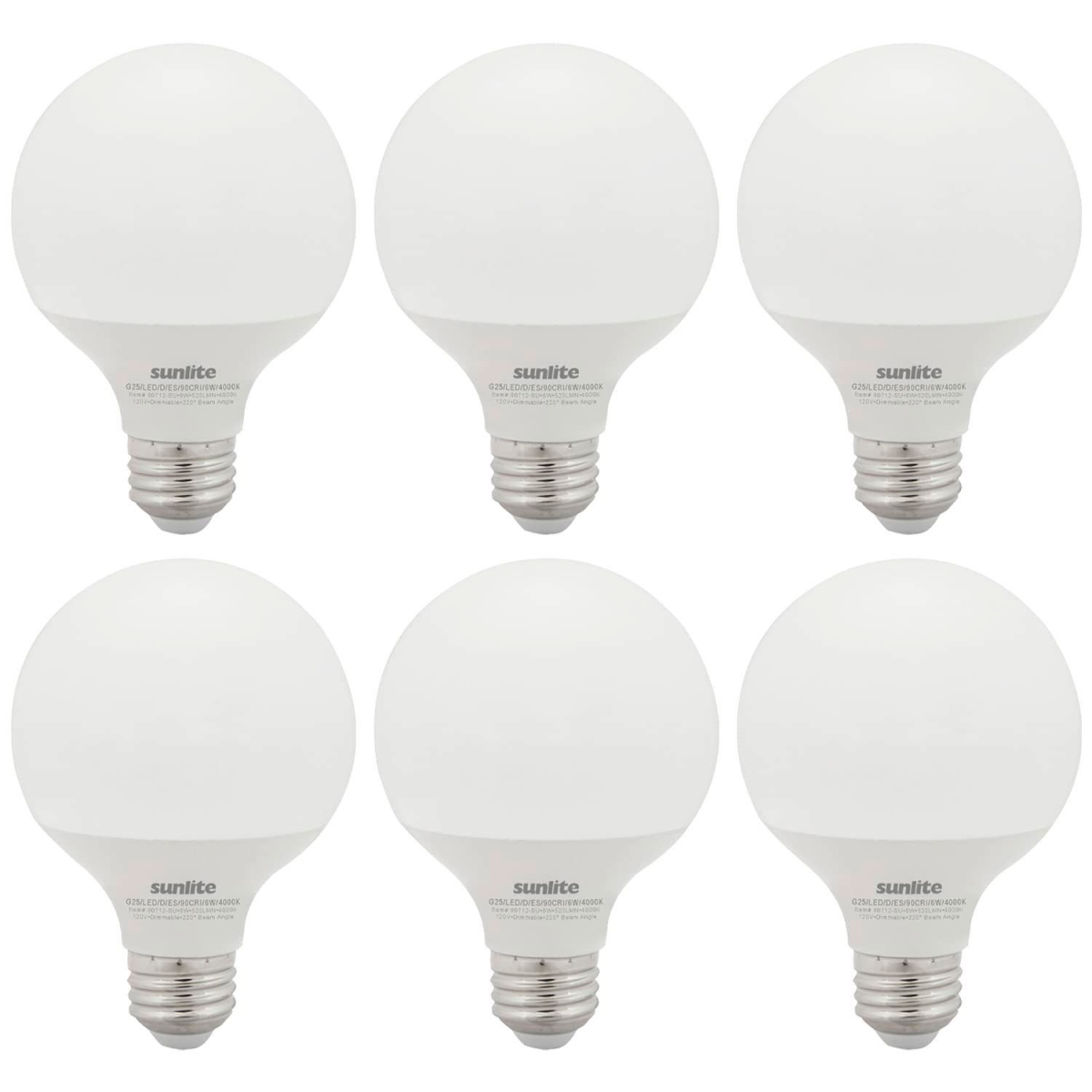 B3166921 Sunlite LED G25 Globe Light Bulb - E26 Base - 6W - 520 Lumens - 4000K - Cool White - Pack of 6