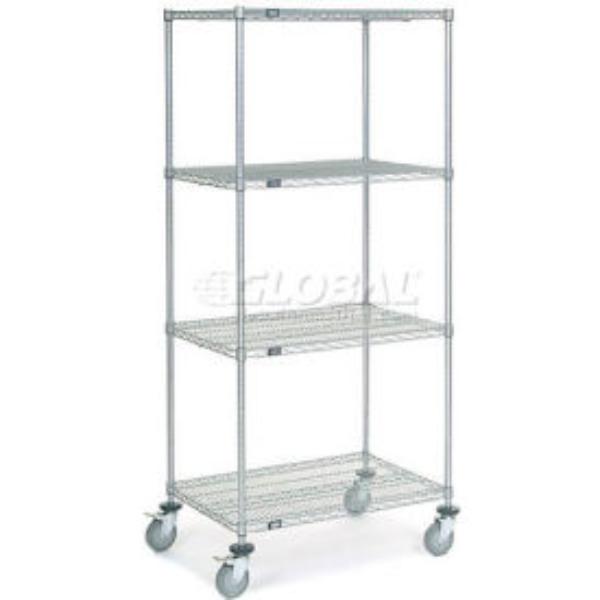 Global Industrial C24367PCB4 Nexel 4 Shelf Truck - Polyurethane Stem Casters 4 Swivel 2 Brake, Chrome - 36 x 24 x 80 in.