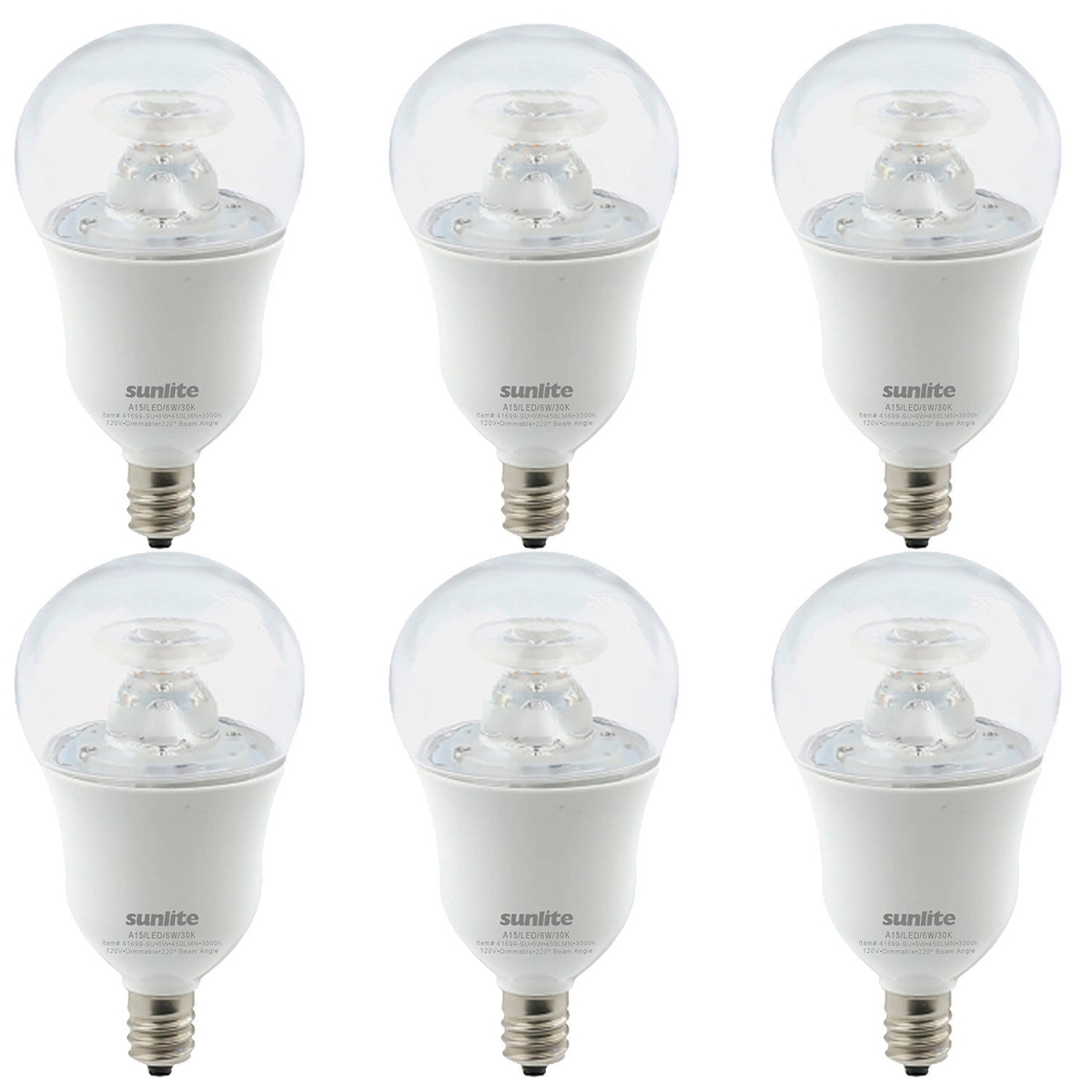 B3166848 Sunlite LED A15 Appliance Clear Light Bulb - E12 Base - 6W - 450 Lumens - 30K - Warm White - Pack of 6
