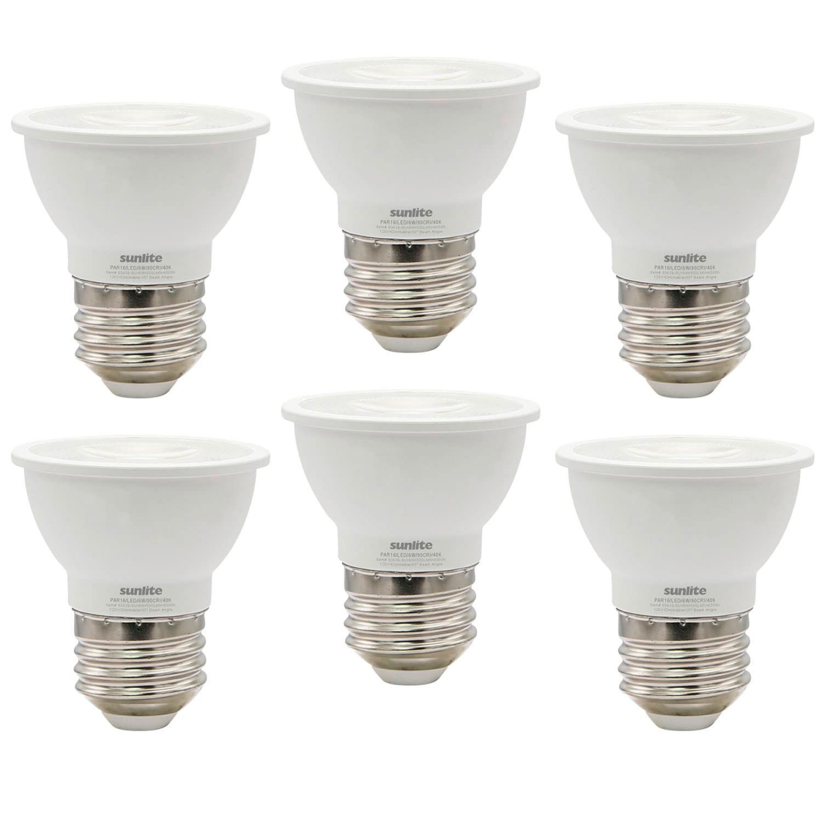 B3166908 Sunlite LED PAR16 Recessed Floodlight Bulb - E26 Base - 6W - 500 Lumens - 40K - Cool White - Pack of 6