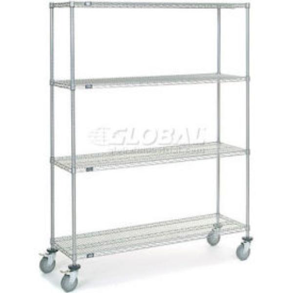 Global Industrial C18607PCB4 Nexel 4 Shelf Truck - Polyurethane Stem Casters 4 Swivel 2 Brake, Chrome - 60 x 18 x 80 in.