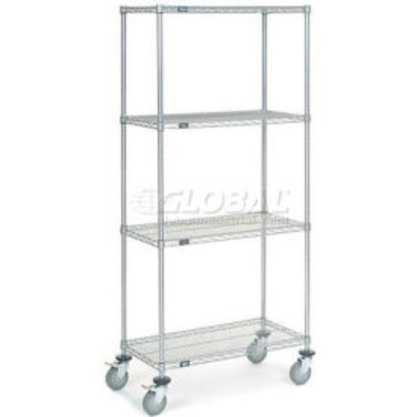 Global Industrial C18367PCB4 Nexel 4 Shelf Truck - Polyurethane Stem Casters 4 Swivel 2 Brake, Chrome - 36 x 18 x 80 in.