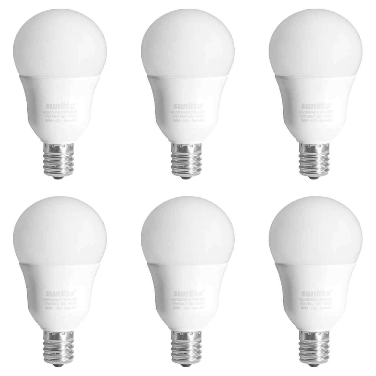 B3166978 Sunlite LED A15 Light Bulb - E17 Base - 6W - 480 Lumens - 4000K - Cool White - Pack of 6